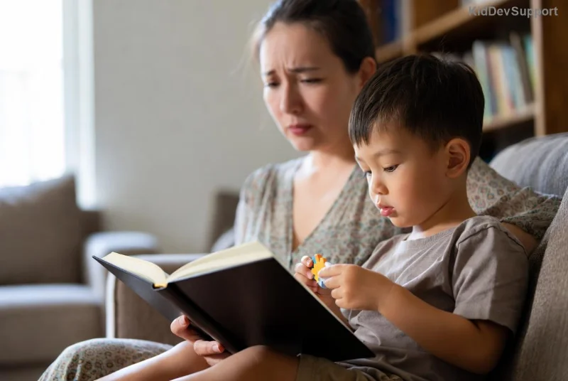 Niño de 3 años practicando habla con padres