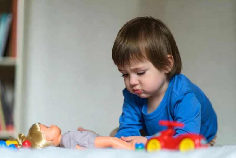 Happy 2-year-old toddler practicing speech with parent