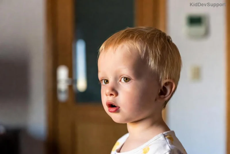 Happy child in speech therapy session with therapist