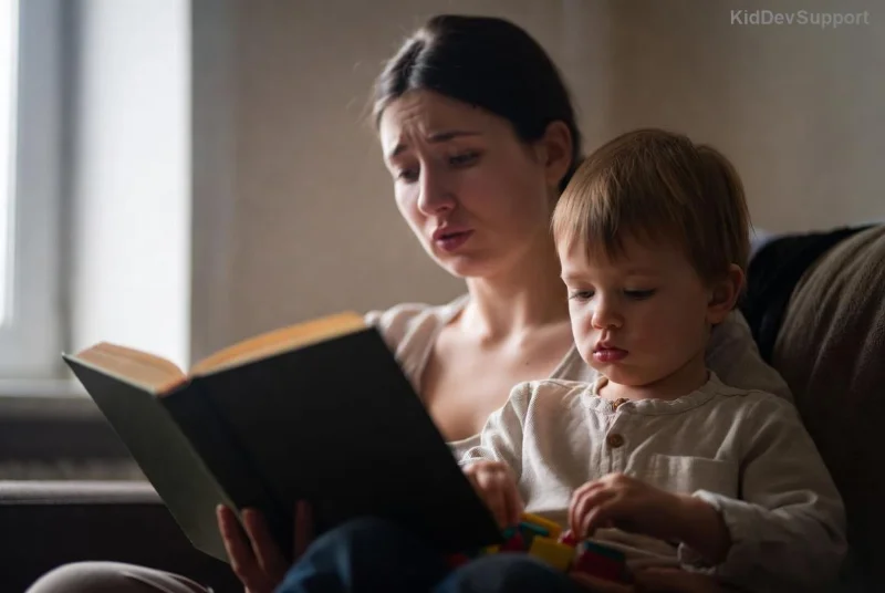 Bambino toddler che ascolta il genitore parlare durante attività quotidiane