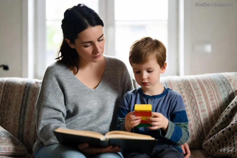 Genitori che giocano con bambino per stimolare linguaggio
