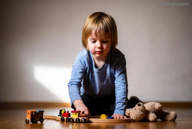 Toddler late talker playing with toys, showing normal development